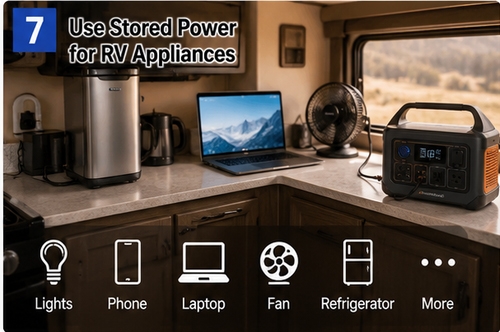 RV solar panel use stored power