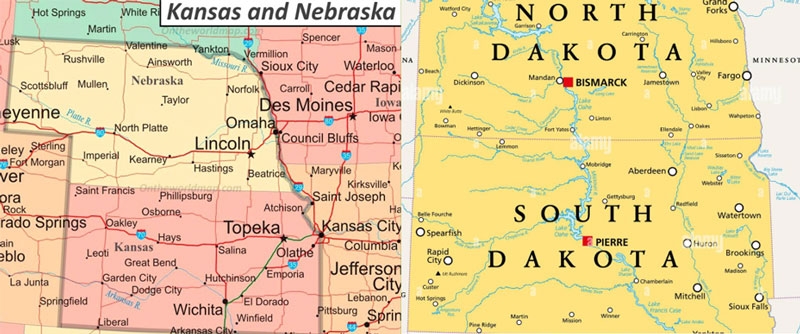 Kansas, Nebraska and South Dakota map
