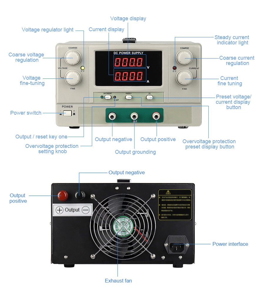 100V 20A variable DC power supply panel details