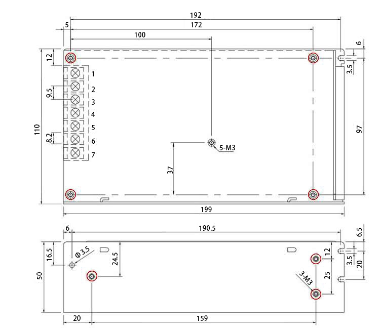 24V 8A 200W SMPS Switching Power Supply Dimension