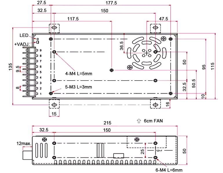 12V 20A 240W SMPS Switching Power Supply Mounting Dimension