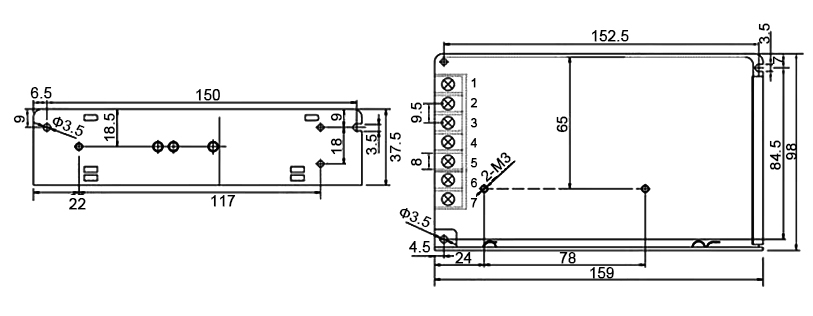 24V 3A 75W SMPS Mounting Dimension