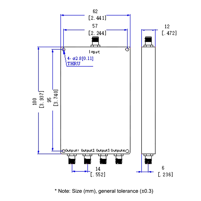 Coaxial power divider 4 way dimension