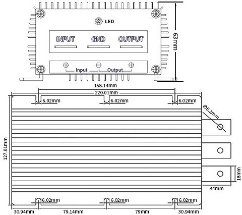 DC-DC step up converter 12V to 36V 30A dimension