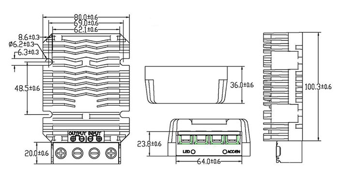DC DC buck converter 48v to 36v 50a 60a size