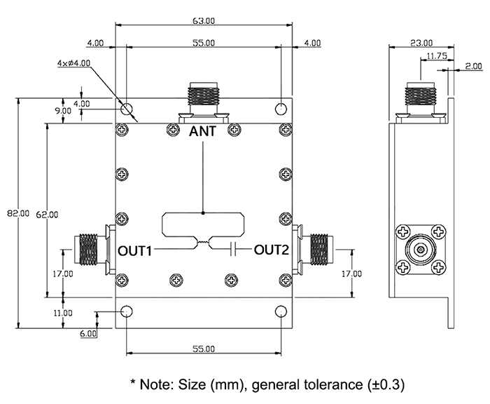 gps power divider 2 way dimension
