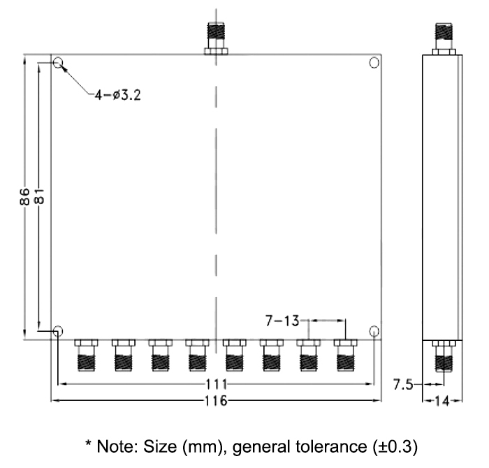 rf power divider 10 way dimension
