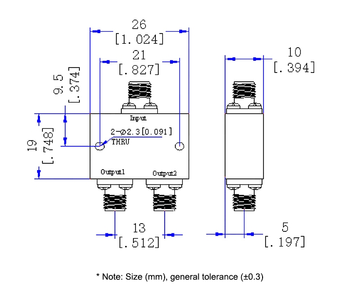power divider 2 way 40 ghz details dimension