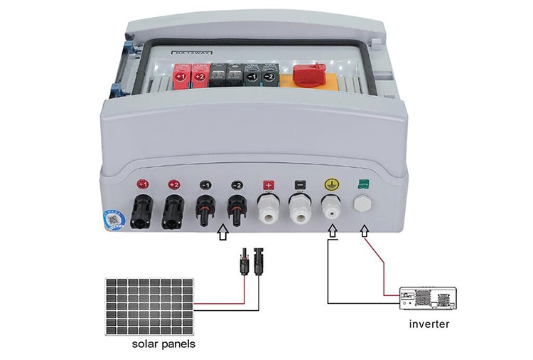 PV combiner box 2 in 1 out connection