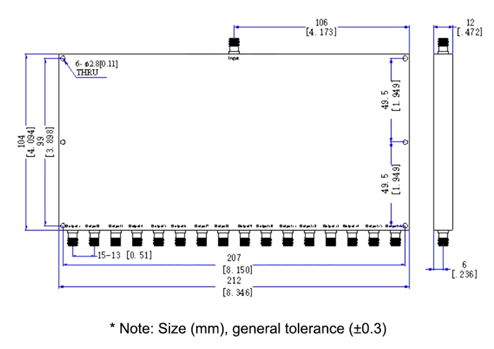 RF power divider 16 way dimension