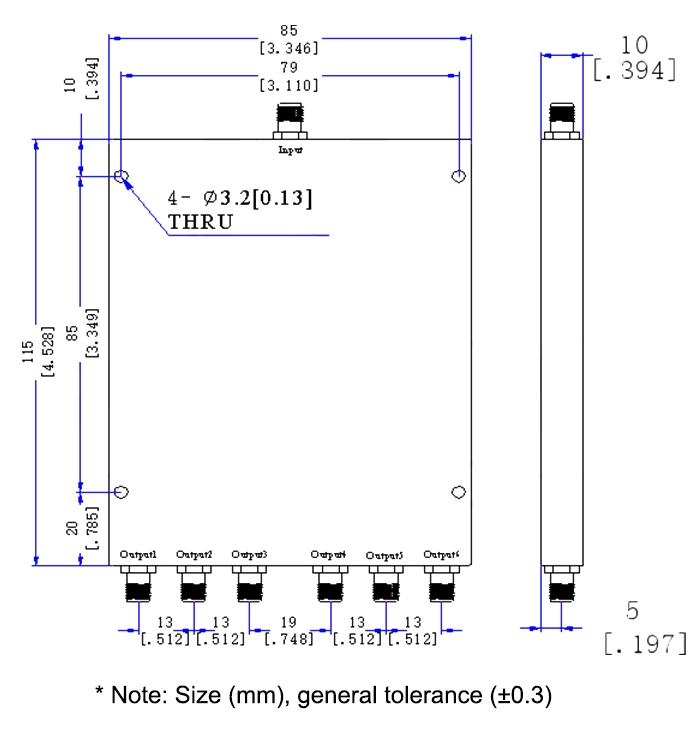 RF power divider 6 way dimension