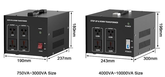 step up down transformer single phase dimensions
