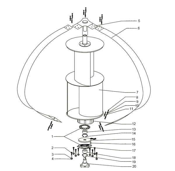 Vertical axis wind turbine 300 to 400w decomposition chart