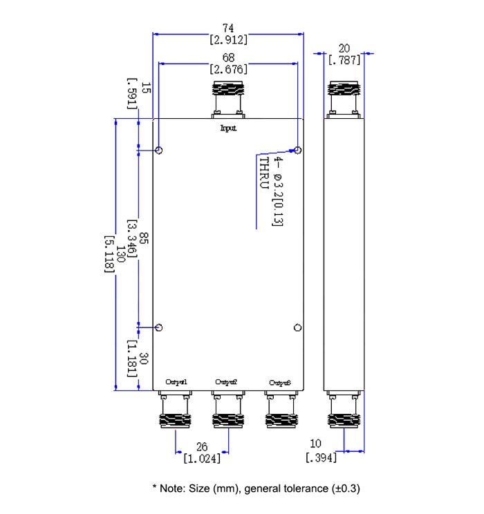 Power divider 3 way 6 ghz dimension